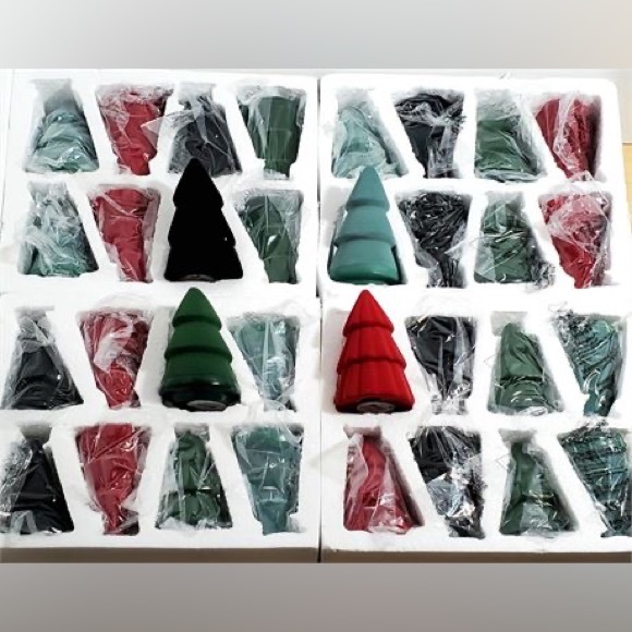 4 Flocked Ceramic Christmas Trees 6", Red Black Green - Picture 2 of 2